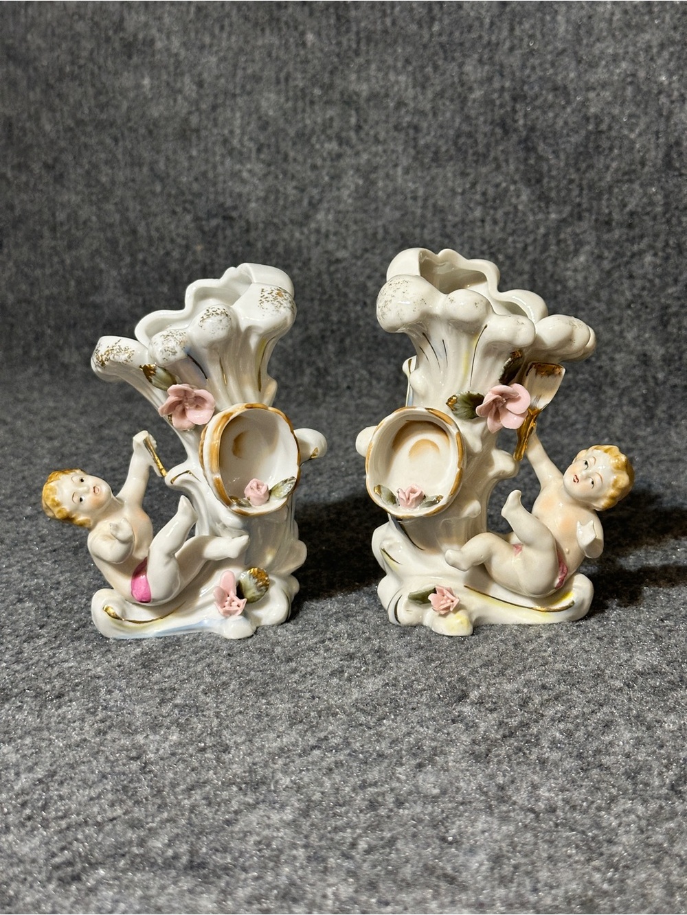 Vintage porcelain cherub cornucopia vases